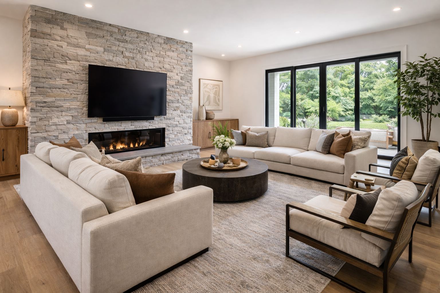 Modern home renovation - contemporary living space with stone accent wall in Redmond