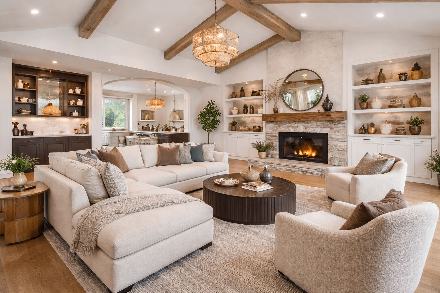 Complete home remodel - vaulted ceiling living room with custom built-ins in Kirkland