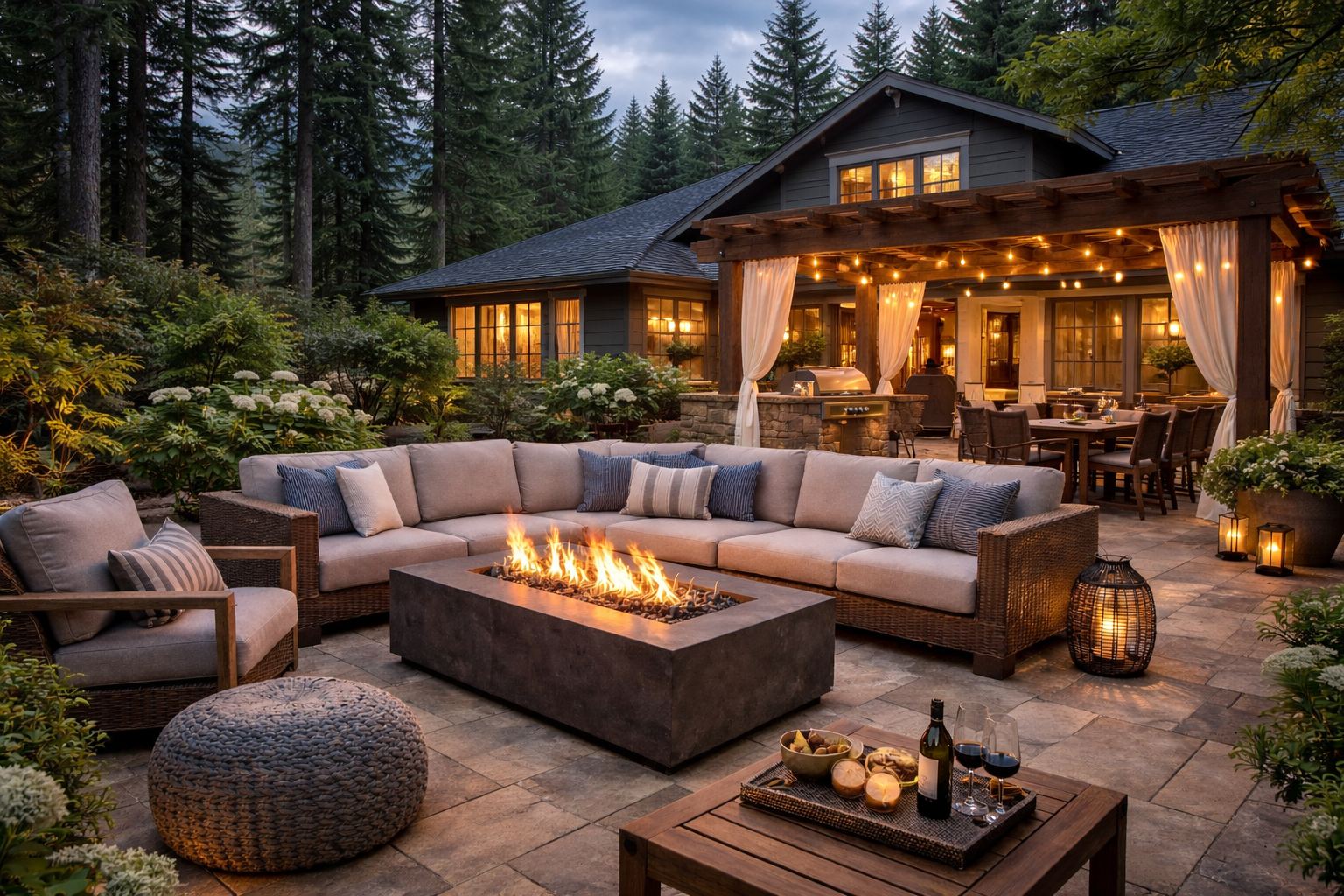 Custom patio with fire feature, outdoor seating, and string lighting in Kirkland