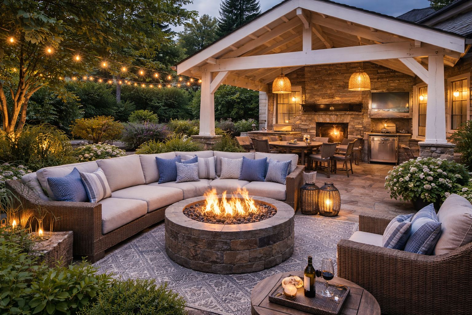 Covered outdoor kitchen and entertainment area with stone fireplace in Redmond